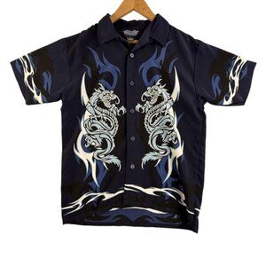 Vintage Silver Point Shirt Mens XL Blue Dragon Tribal Button Up Short Sleeve Y2K